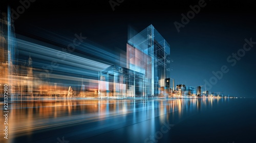 Futuristic Cityscape with Abstract Glowing Architecture and Light Trails at Night