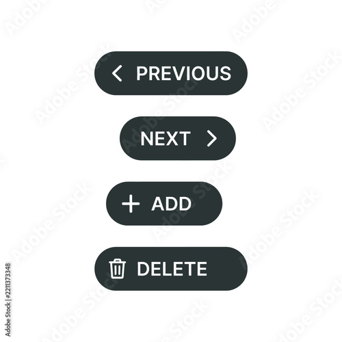Pill Shaped Content Control Buttons Previous Next Add Delete Line Art Set