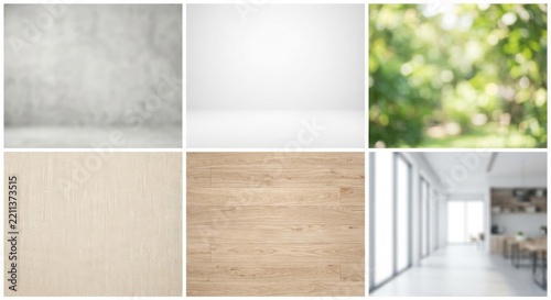 Collection of six versatile background textures including gray concrete, white studio wall, green nature bokeh, beige fabric, light wood floor, and blurred modern office interior