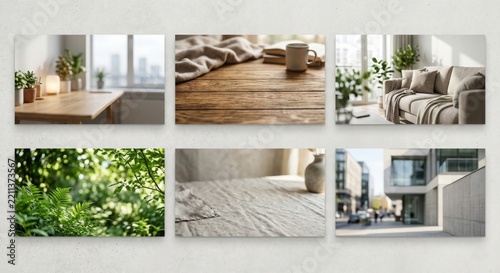 Gallery wall display of six lifestyle background images including wooden desk with plants, table with coffee mug and book, beige sofa living room, green fern leaves, linen fabric