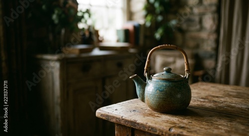 Blue glazed ceramic teapot with bamboo handle sitting on rustic wooden table in dimly lit cozy interior with blurred antique cabinet and books in background