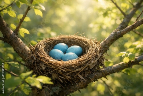 Bird nest with four solid blue eggs nestled in tree branches with green leaves, sunlit blurred forest background.