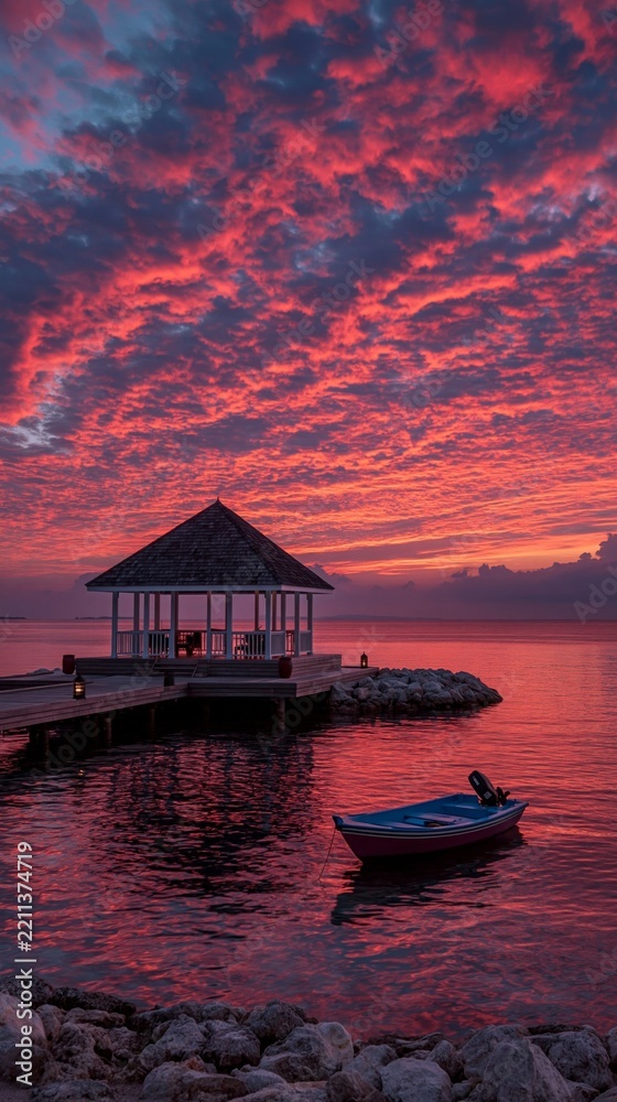 Fototapeta premium A small boat floats near a pier with a gazebo under a dramatic pink and purple sunset sky reflecting on the calm water.