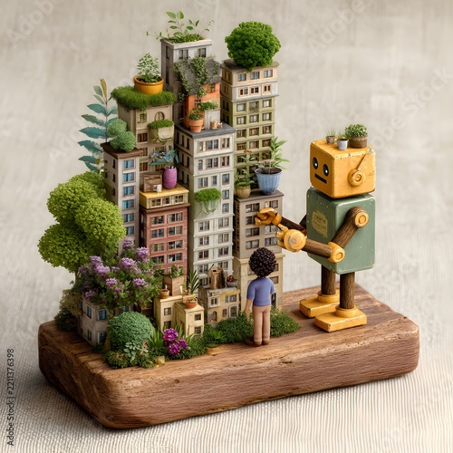 Sustainable City Concept with Green Buildings, Robot and Child on Wooden Base, Eco