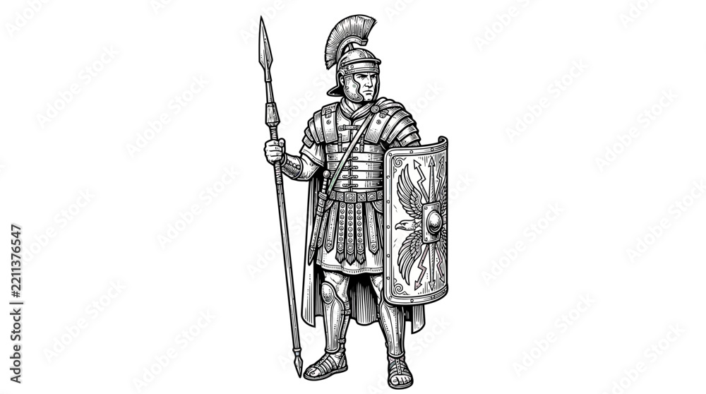 Obraz premium Roman Legionary Soldier with Spear and Shield, Isolated