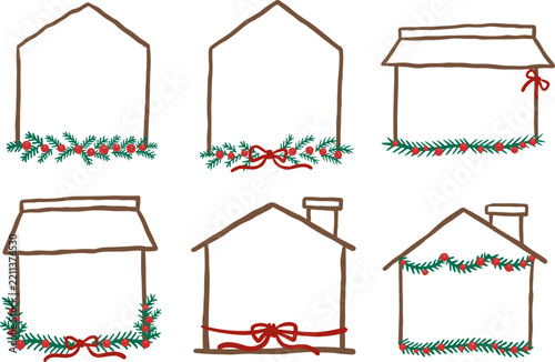 Hand Drawn House and Shop Frame with Christmas Garland, Red Berries, and Ribbon for Christmas holiday event.