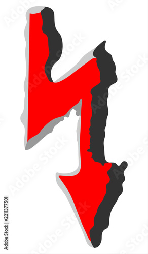 Red lightning. Electricity sign, vector image, white background. Relief shape