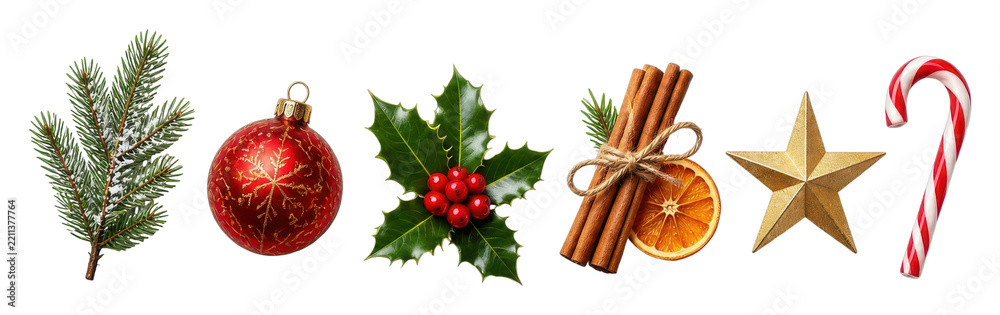 Fototapeta premium Holiday PNG set with pine branch, bauble, holly, cinnamon, star, candy cane on transparent background