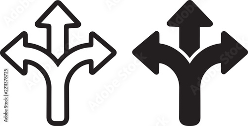 Set of threeway split arrows, outline and solid black icons for navigation, choice, direction, and decisionmaking concepts