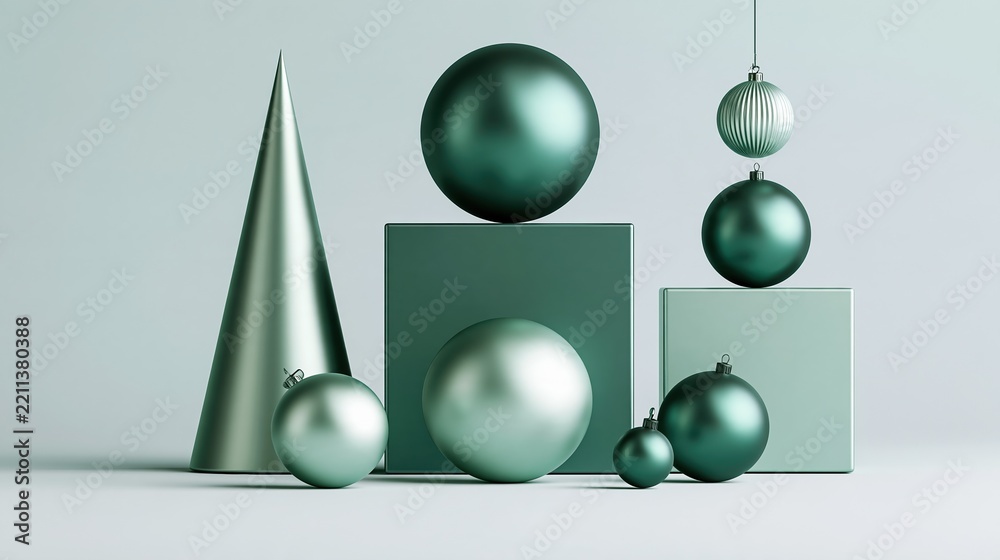 Fototapeta premium Elegant Teal and Silver Geometric Shapes and Christmas Ornaments Arranged for Festive Holiday Display