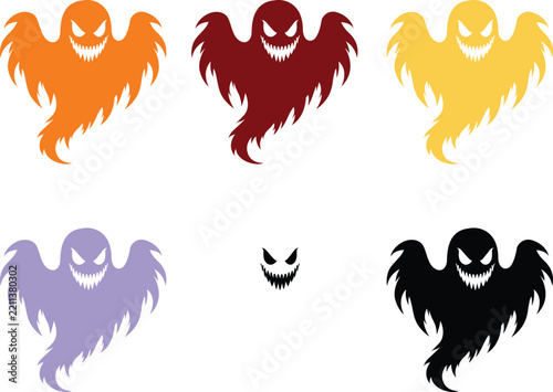 Spooky Scary Halloween Ghost Vector Characters Set with Evil Smile.