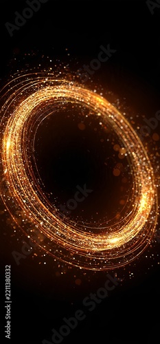 Golden glittering particles forming glowing oval frame. Golden glittering particles creating an elegant glowing elliptical vortex on a black background