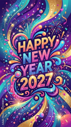 Happy New Year 2027 colorful vibrant greeting card design with fireworks and abstract waves