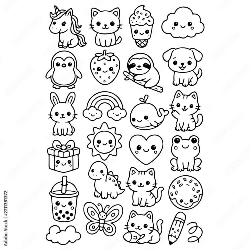 Naklejka premium Cute Kawaii Line Art Doodles Sticker Sheet Set: Adorable Animals, Food, and Sweet Objects including Kitten, Unicorn, Boba, Strawberry, Sloth, Dinosaur, and Rainbow
