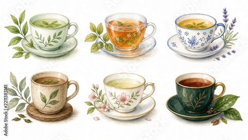 Collection of Illustrated Tea Cups Isolated on White Background