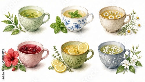 Collection of Illustrated Tea Cups Isolated on White Background