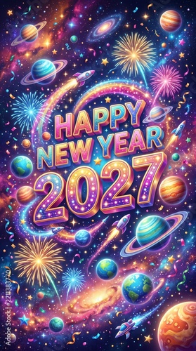 Happy New Year 2027 cosmic greeting card background with vibrant galaxy space, planets, rockets, and fireworks