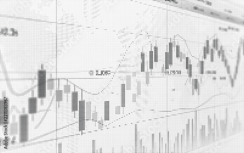 Abstract halftone financial trading chart showing stock market trends and technical analysis indicators