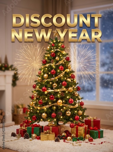 Discount New Year promotional background with decorated Christmas tree, fireworks, and gift boxes in a cozy room