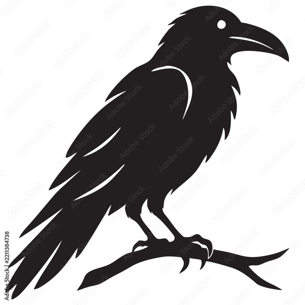 Fototapeta premium Black raven silhouette sitting on branch isolated on white.