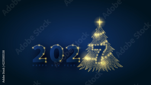 New year 2027 greeting card with glowing christmas tree on navy background
