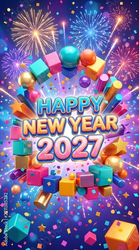 Happy New Year 2027 greeting card background with colorful geometric shapes, confetti, and fireworks