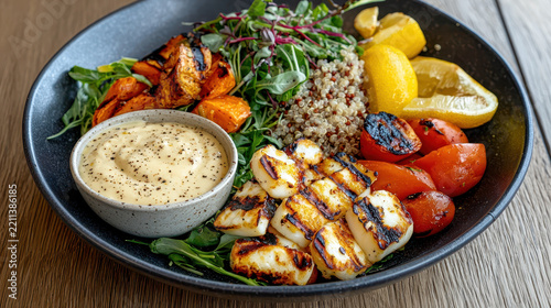 Grilled vegetables quinoa fresh salad lemon halloumi cheese healthy meal vibrant colors nutritious dish