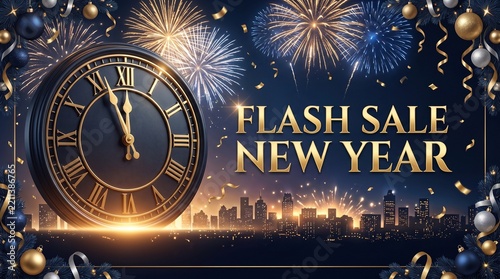 New Year flash sale banner with clock fireworks and city skyline
