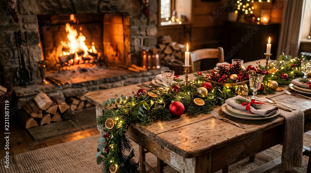 Obraz premium A rustic wooden dining table is decorated with a festive pine garland and a shining christmas ornament, set against the warm glow of a cozy indoor fireplace during the holiday season