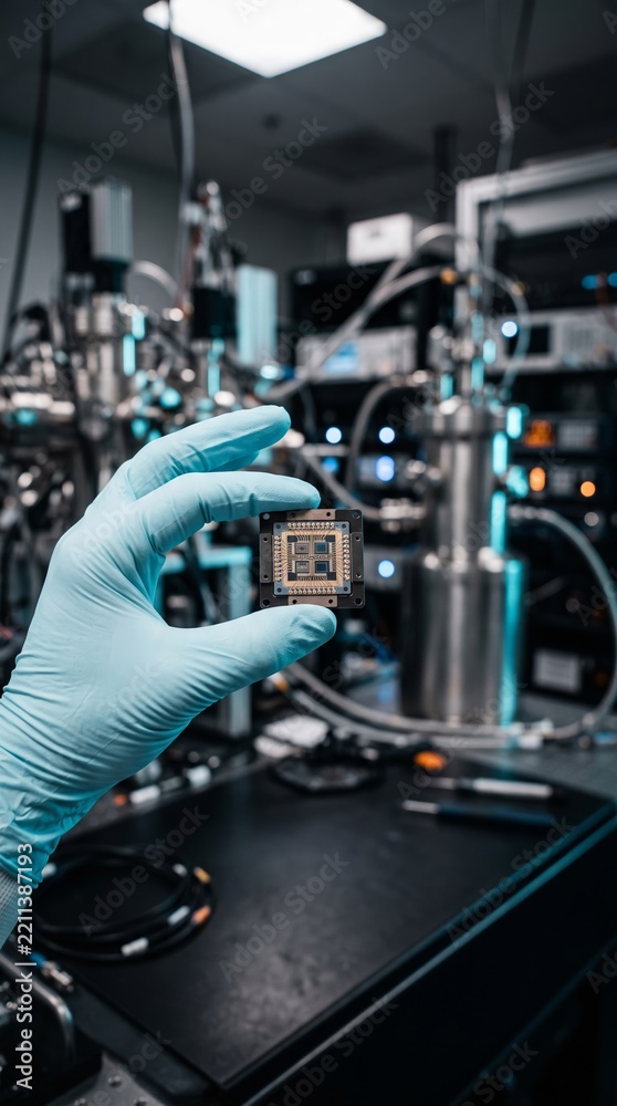 Fototapeta premium A small gold framed component is displayed against metallic instruments in a vertical view. Concept of microelectronics research for technology supplier marketing. Generative AI.