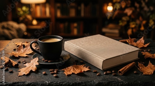 Cup of coffee and a thick book surrounded by autumn leaves on a dark table