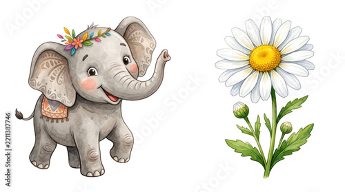 Cute cartoon baby elephant with flower crown and white daisy blossom