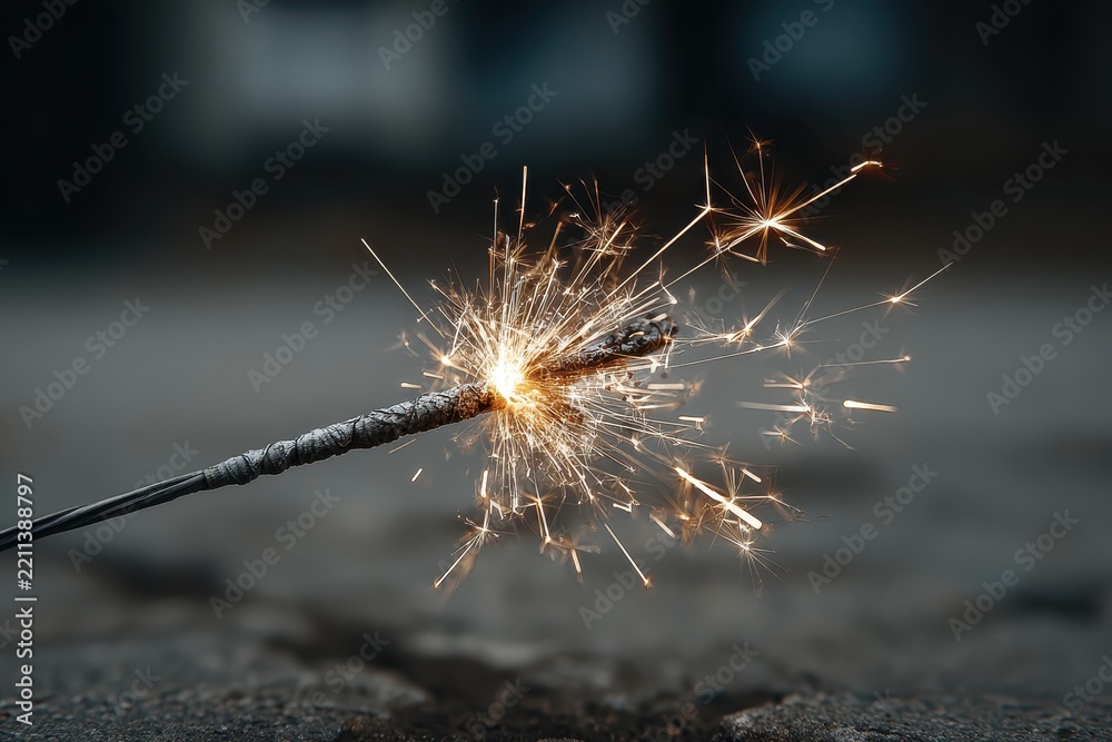 Fototapeta premium Capture the festive spirit with this close-up showcasing a vibrant sparkler, its golden sparks creating a magical display of light and celebration