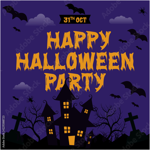 Scary Halloween Party Scene with Ghosts, Pumpkins, Bats and Creepy Decorations