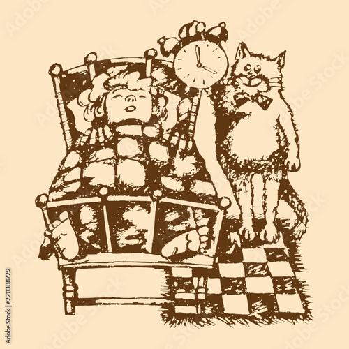 A cat wakes its owner up early in the morning by holding a large alarm clock over his ear. Rough sketch, outline. Vector illustration