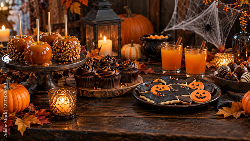 Halloween dessert table with caramel apples cupcakes and decorated coo