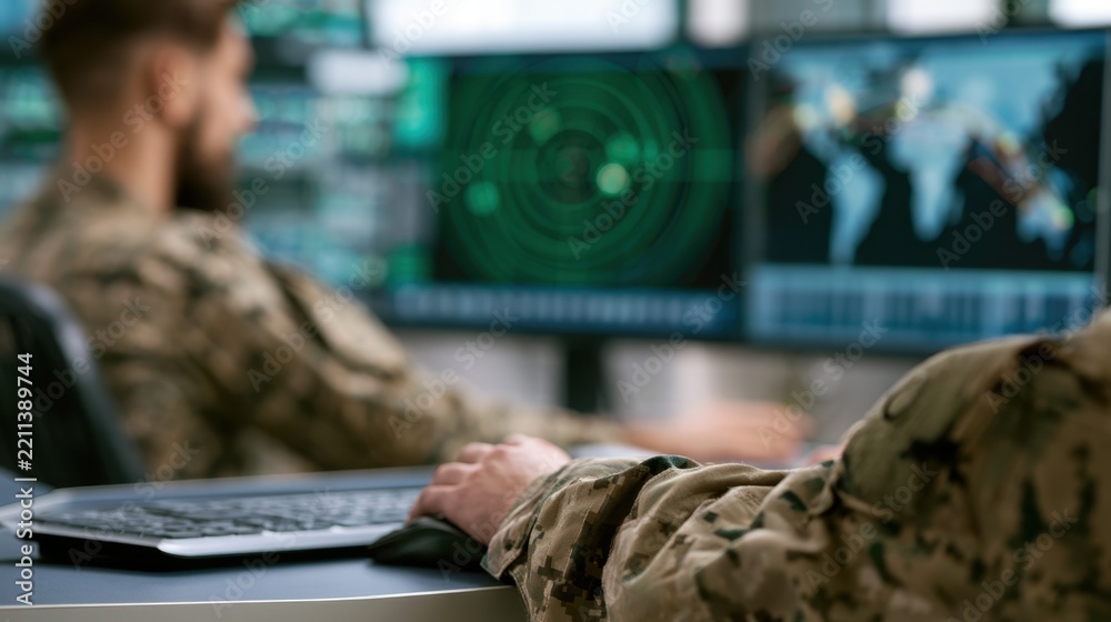 Fototapeta premium military personnel monitoring radar and global map on computer screens at a control desk