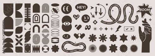 Abstract geometric shapes set vector illustration. Graphic design elements with retro line, simple form, figure, arch, flower, smiley and hand. Trendy cartoon flat stickers, brutal aesthetic