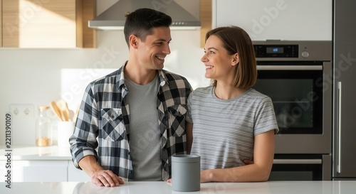 Happy couple smiling at each other in a modern kitchen. Bright home interior with contemporary appliances.