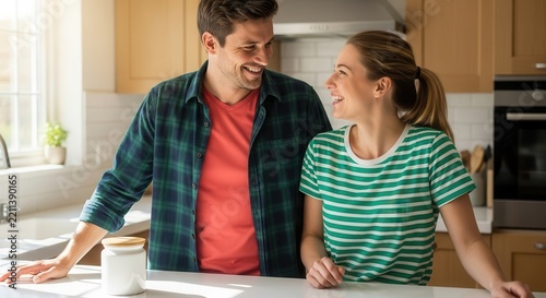 Happy couple smiling at each other in a modern kitchen. Bright sunlight streams through the window.
