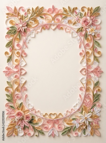 Decorative paper quilling art frame with floral designs in pastel colors. Copy spase  