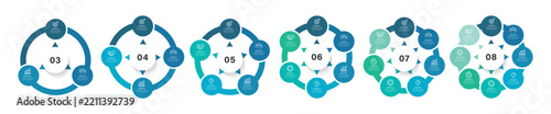 Circle Venn diagram infographic icon set. Template for cycle, 1-8 diagram, graph, presentation and round chart. Process chart, cycle diagram for business presentation, vector illustration.