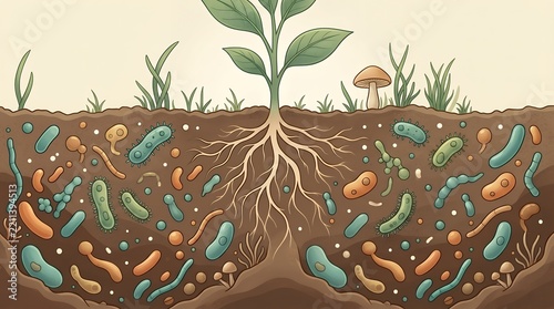 Illustration of Soil Microbiome Rhizosphere with Plant Root Bacteria and Fungi Cross Section