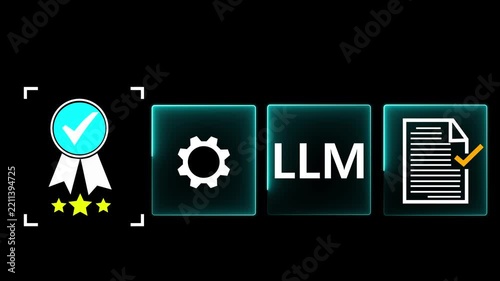 LLM Certification and Quality Assurance Concept with Compliance Document and Approval Badge Animation on Dark Background on Motion Graphics...