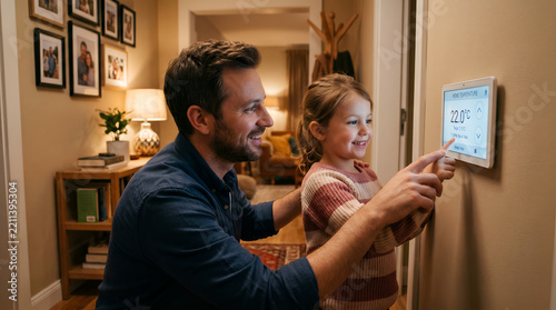 Man and young girl adjusting smart home thermostat on wall