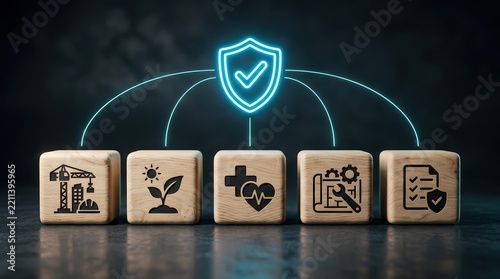 Wooden cubes featuring various safety and protection symbols connected to a glowing security shield icon