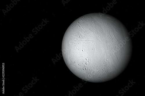 Enceladus, one of the moons of Saturn, the sixth planet from Sun.