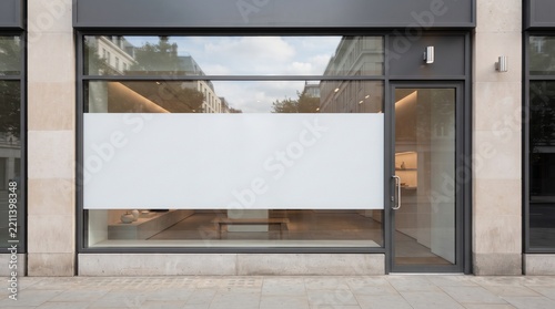 Modern storefront facade with a blank white frosted glass window display mockup