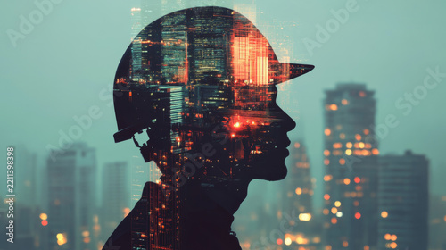 Silhouette of Engineer with Futuristic Cityscape Double Exposure