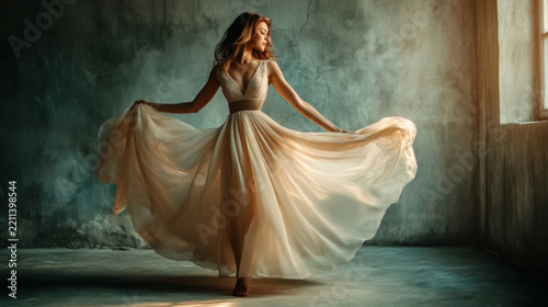 Elegant Women in Flowing Gowns Dancing Gracefully Indoors